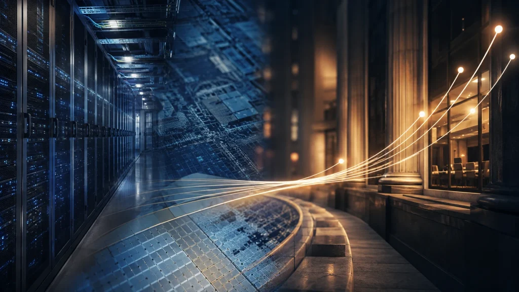 AI data center infrastructure contrasted with rising interest-rate curves