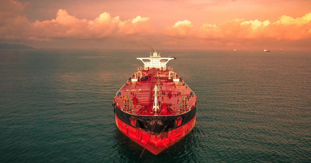 Oil tanker at sea near Johor, Malaysia. Illustrative stock photograph for AssetScreener's oil price outlook; not an image of the 2026 conflict.