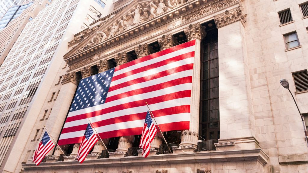 American flags on the facade of the New York Stock Exchange.